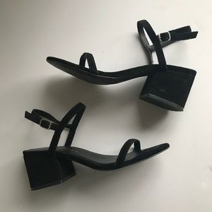 minimalist black suede block heel sandals
